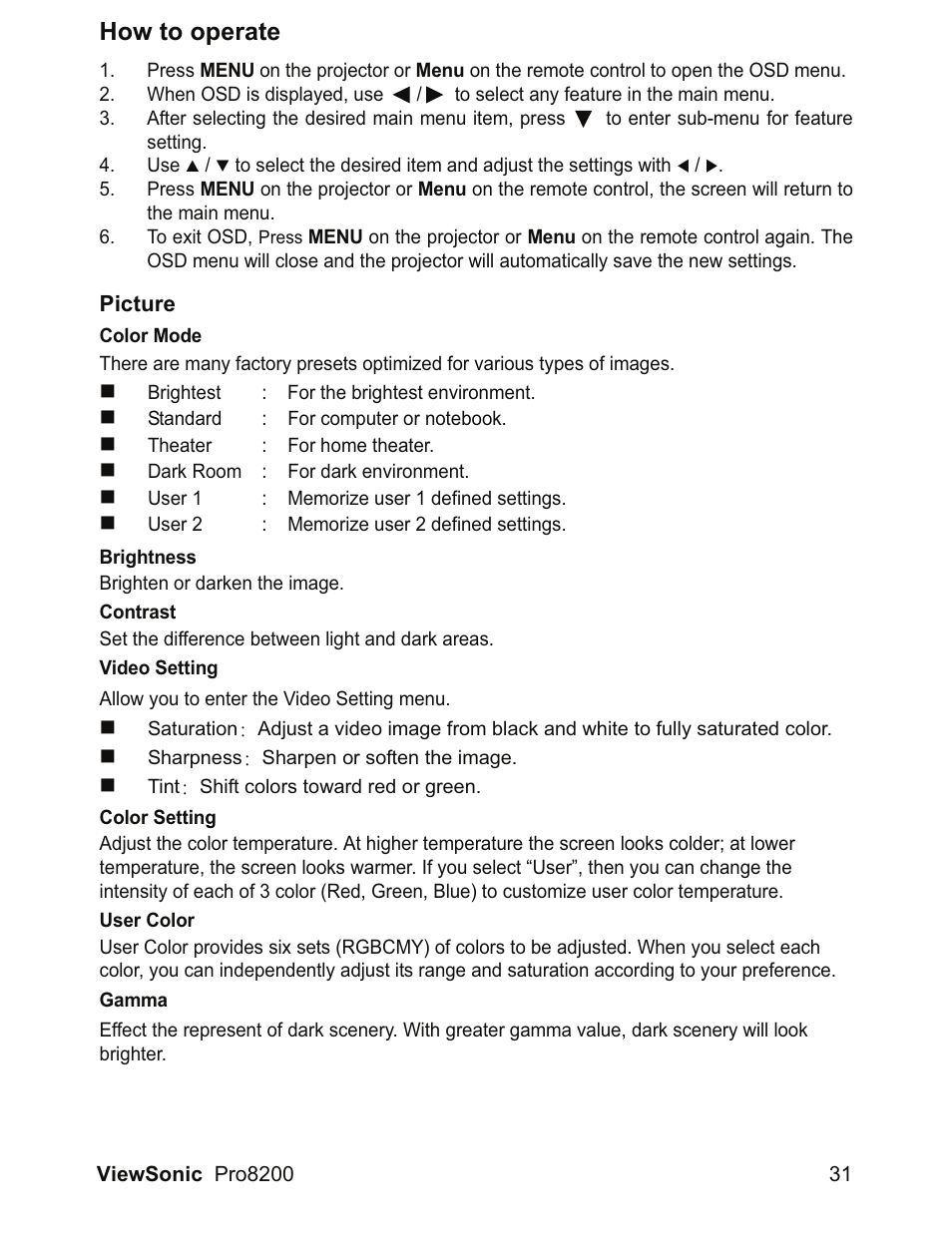 How to operate | VIEWSONIC DLP Projector Pro8200 User Manual | Page 35 / 57