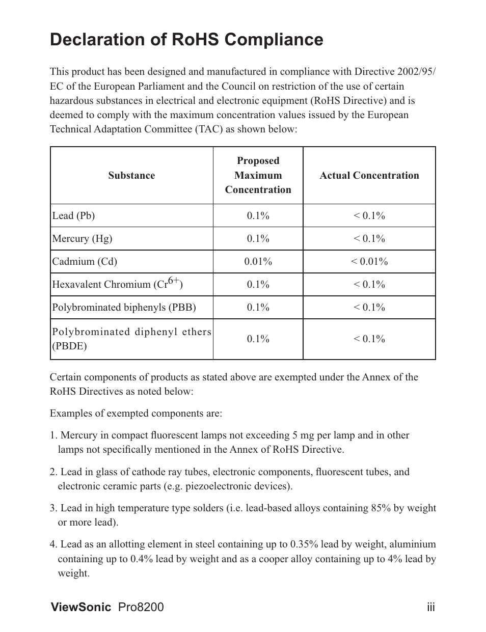 Declaration of rohs compliance | VIEWSONIC DLP Projector Pro8200 User Manual | Page 4 / 57