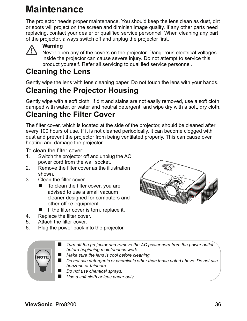 Maintenance, Cleaning the lens, Cleaning the projector housing | Cleaning the filter cover | VIEWSONIC DLP Projector Pro8200 User Manual | Page 40 / 57