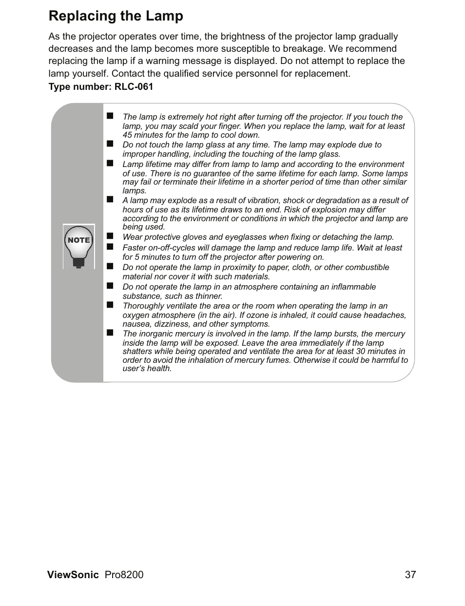 Replacing the lamp | VIEWSONIC DLP Projector Pro8200 User Manual | Page 41 / 57