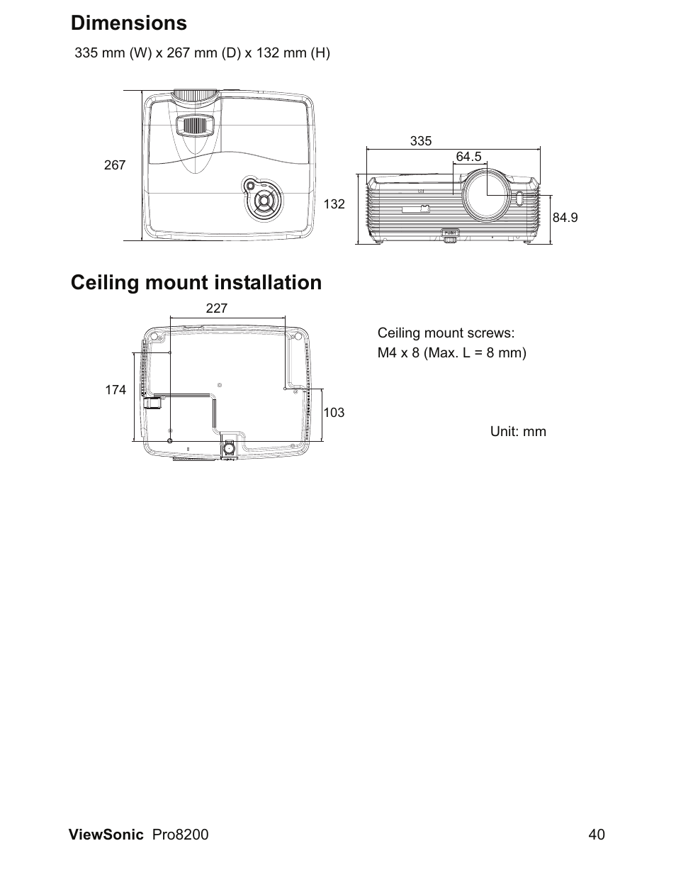 Dimensions, Ceiling mount installation | VIEWSONIC DLP Projector Pro8200 User Manual | Page 44 / 57