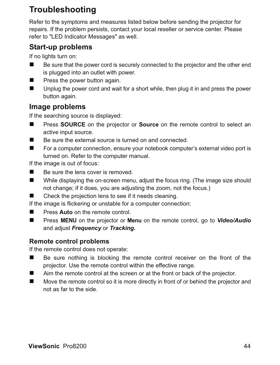 Troubleshooting, Start-up problems, Image problems | VIEWSONIC DLP Projector Pro8200 User Manual | Page 48 / 57