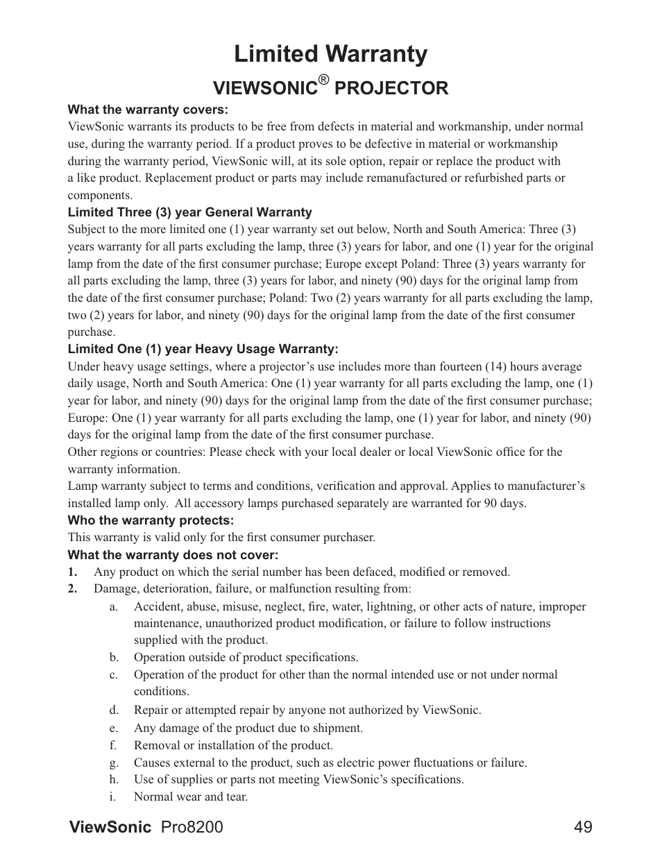 Limited warranty, Viewsonic, Projector | VIEWSONIC DLP Projector Pro8200 User Manual | Page 53 / 57