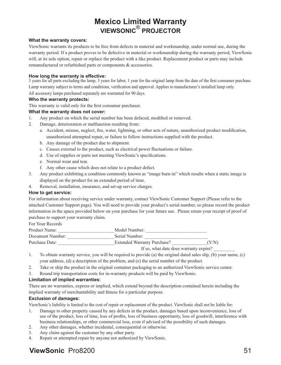 Mexico limited warranty, Viewsonic, Projector | VIEWSONIC DLP Projector Pro8200 User Manual | Page 55 / 57