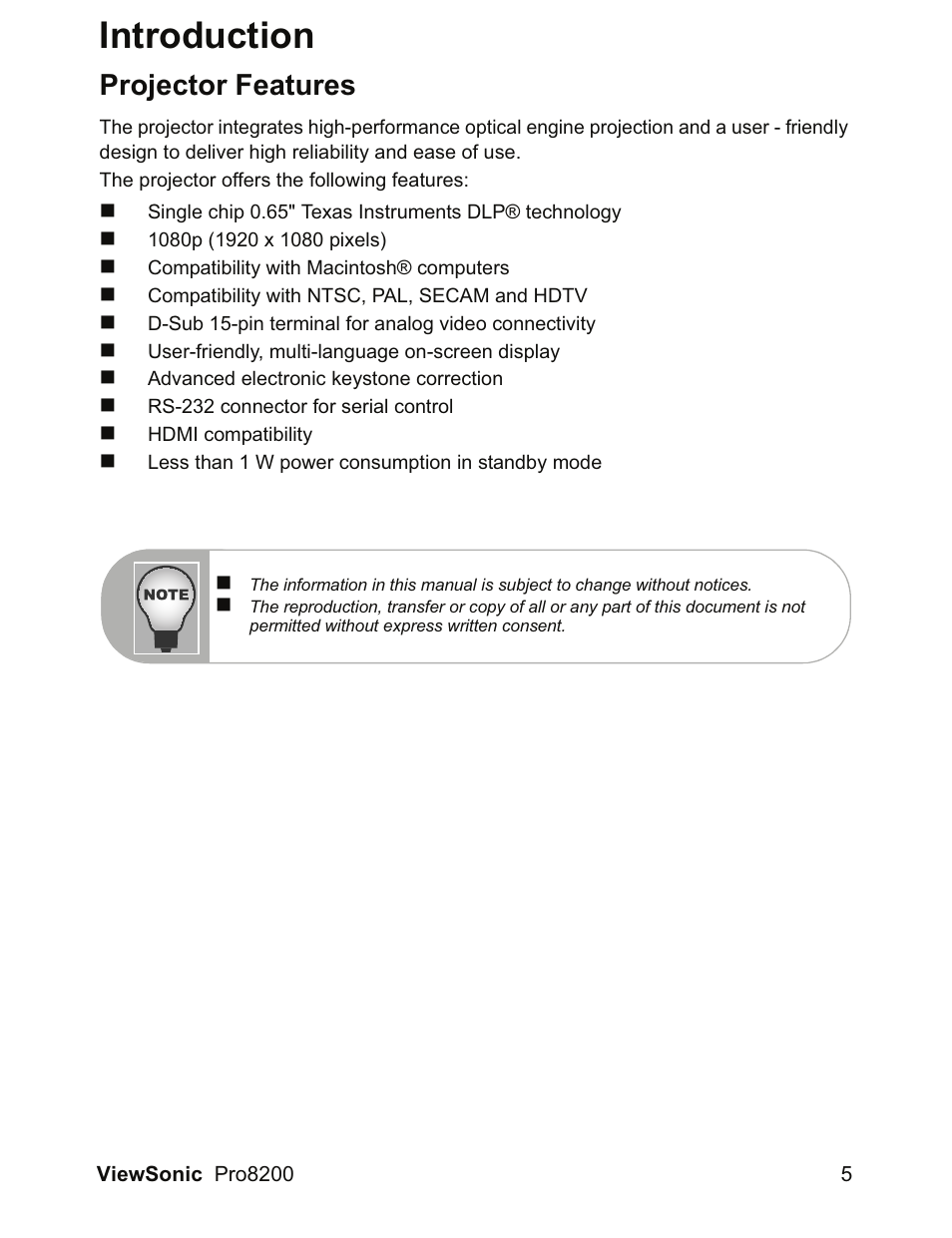 Introduction, Projector features | VIEWSONIC DLP Projector Pro8200 User Manual | Page 9 / 57