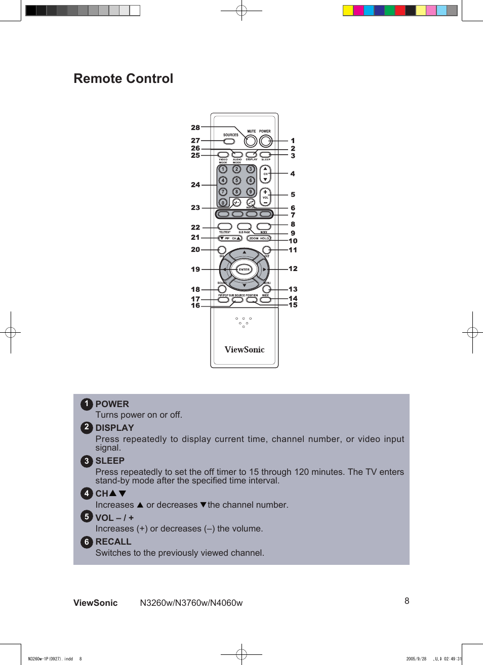 Remote control | VIEWSONIC VS10846-1P User Manual | Page 10 / 28