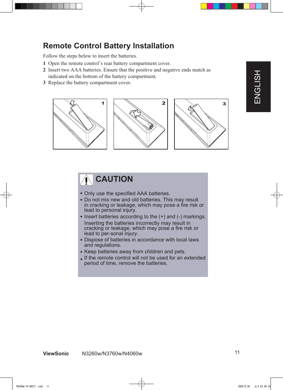 Caution, English remote control battery installation | VIEWSONIC VS10846-1P User Manual | Page 13 / 28