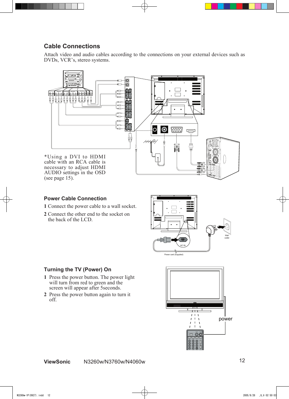 Cable connections, Power, Sleep display audio mode video mode | S-video | VIEWSONIC VS10846-1P User Manual | Page 14 / 28