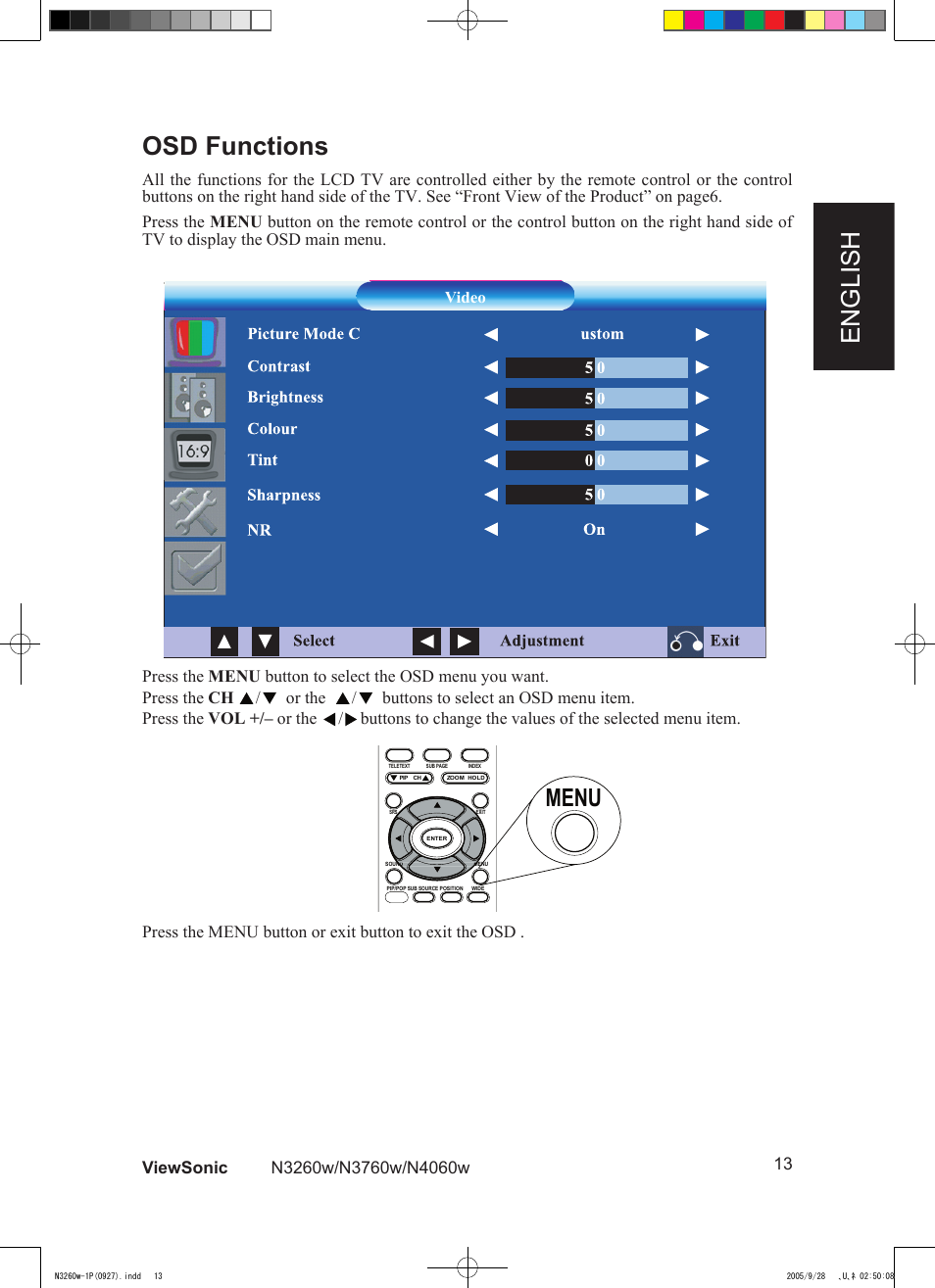 English osd functions, Menu, Video | VIEWSONIC VS10846-1P User Manual | Page 15 / 28