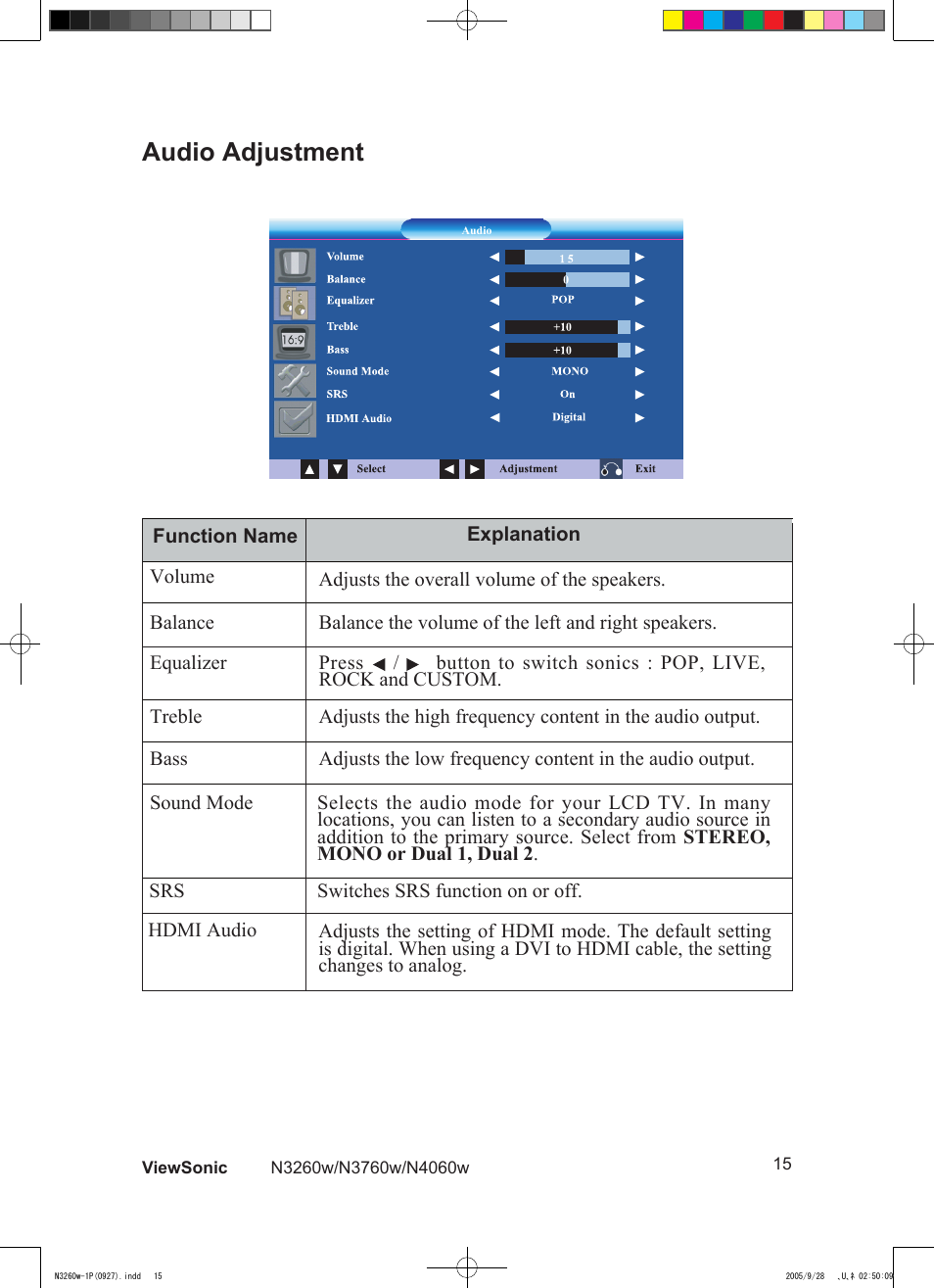 Audio adjustment | VIEWSONIC VS10846-1P User Manual | Page 17 / 28