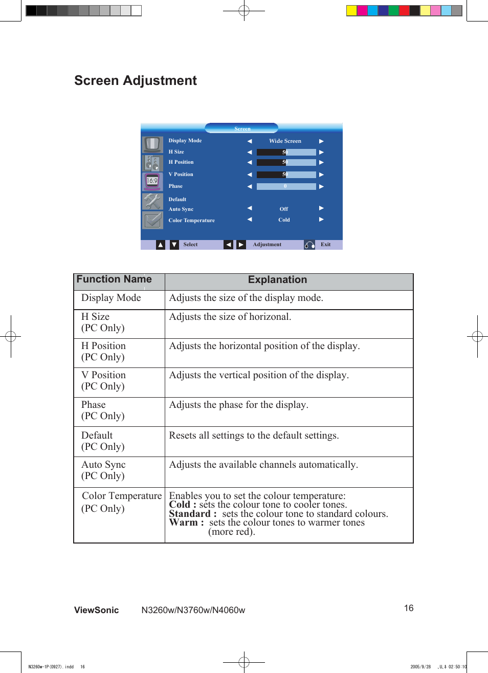 Screen adjustment | VIEWSONIC VS10846-1P User Manual | Page 18 / 28
