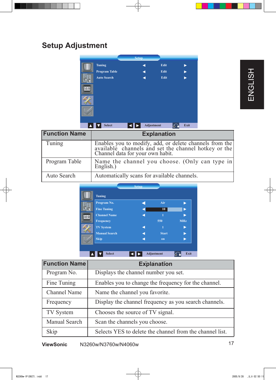 English setup adjustment, Automatically scans for available channels | VIEWSONIC VS10846-1P User Manual | Page 19 / 28