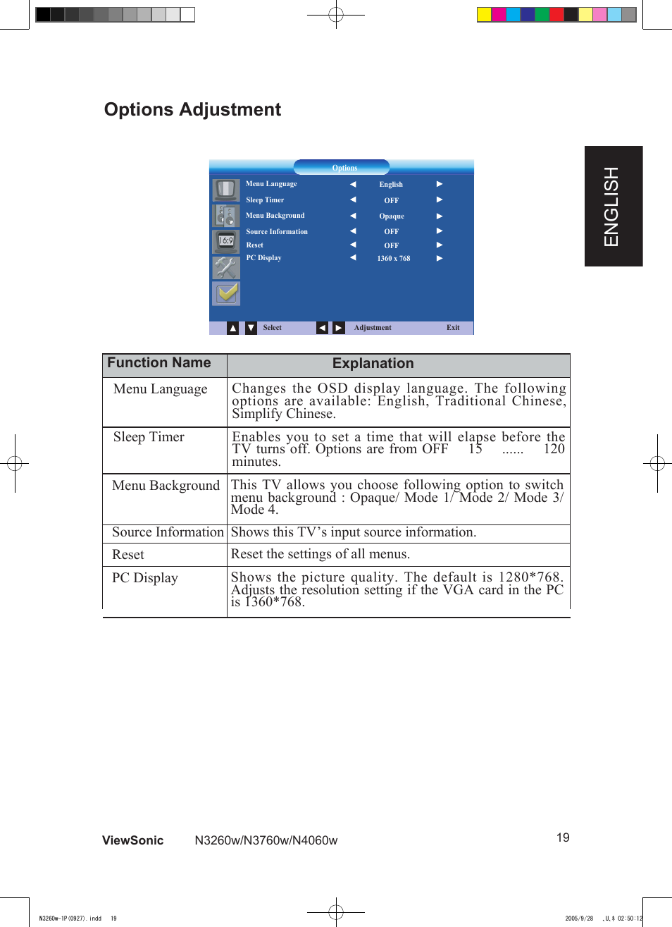 English, Options adjustment | VIEWSONIC VS10846-1P User Manual | Page 21 / 28