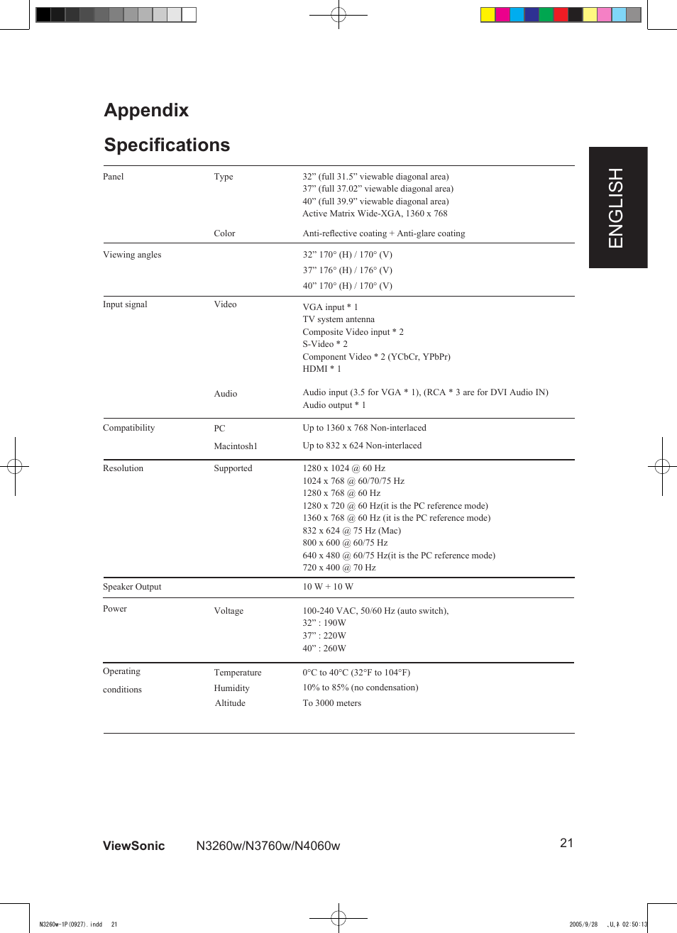 English appendix speciﬁcations | VIEWSONIC VS10846-1P User Manual | Page 23 / 28