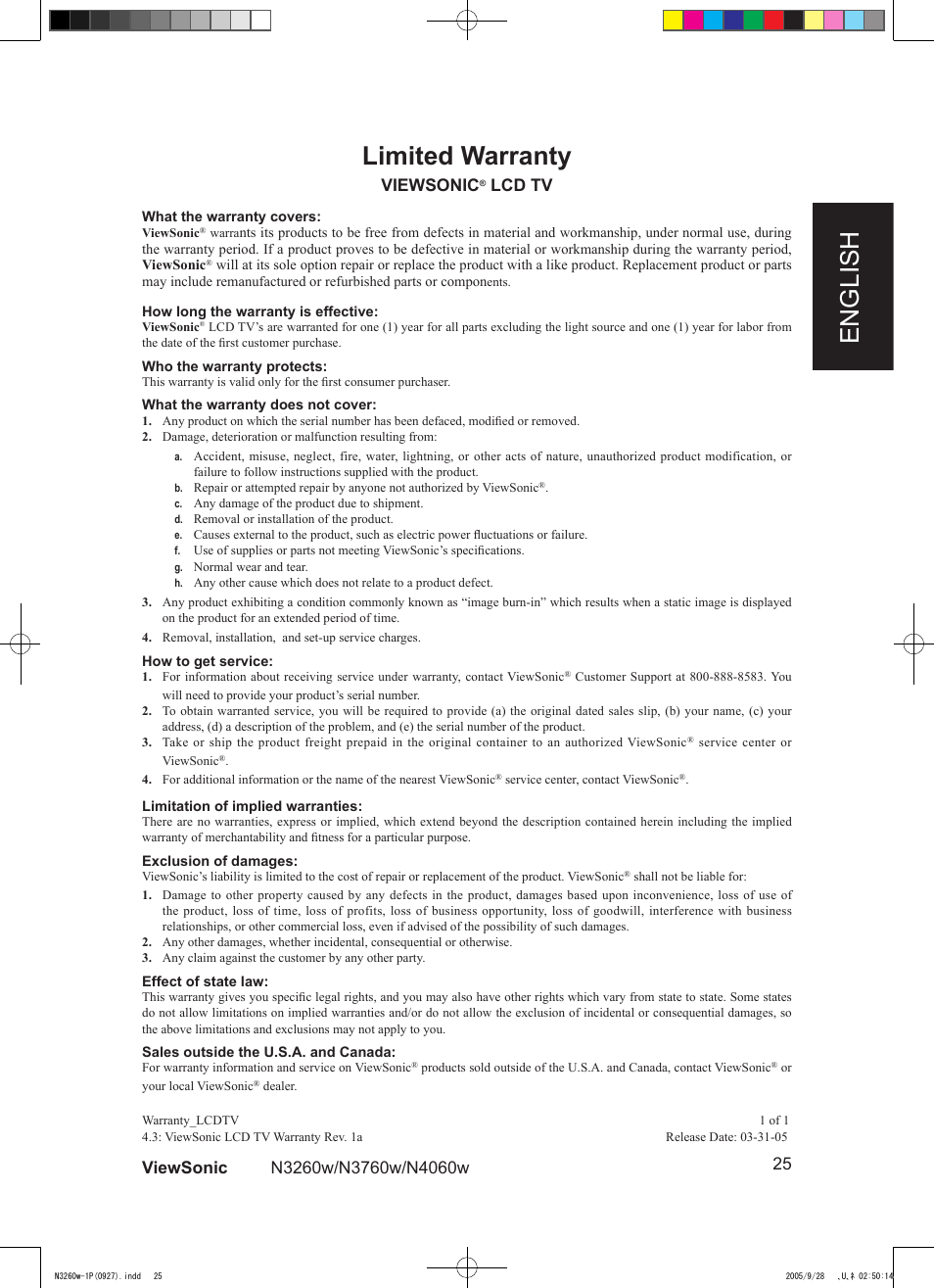 English limited warranty, Viewsonic, Lcd tv | VIEWSONIC VS10846-1P User Manual | Page 27 / 28
