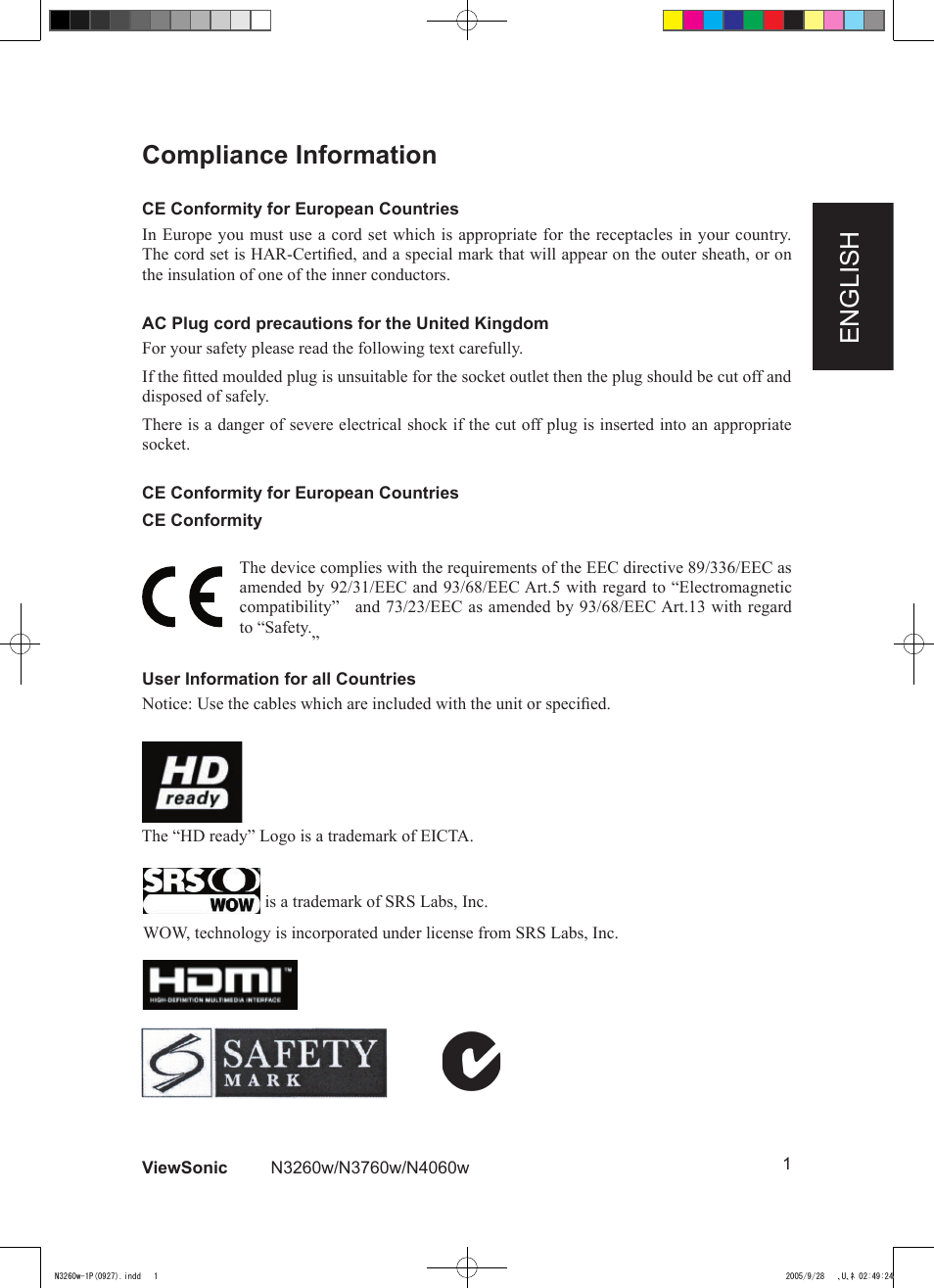 English compliance information | VIEWSONIC VS10846-1P User Manual | Page 3 / 28