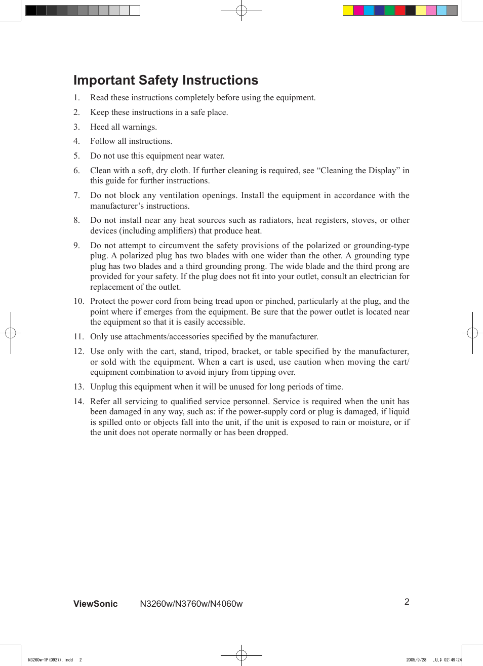 Important safety instructions | VIEWSONIC VS10846-1P User Manual | Page 4 / 28