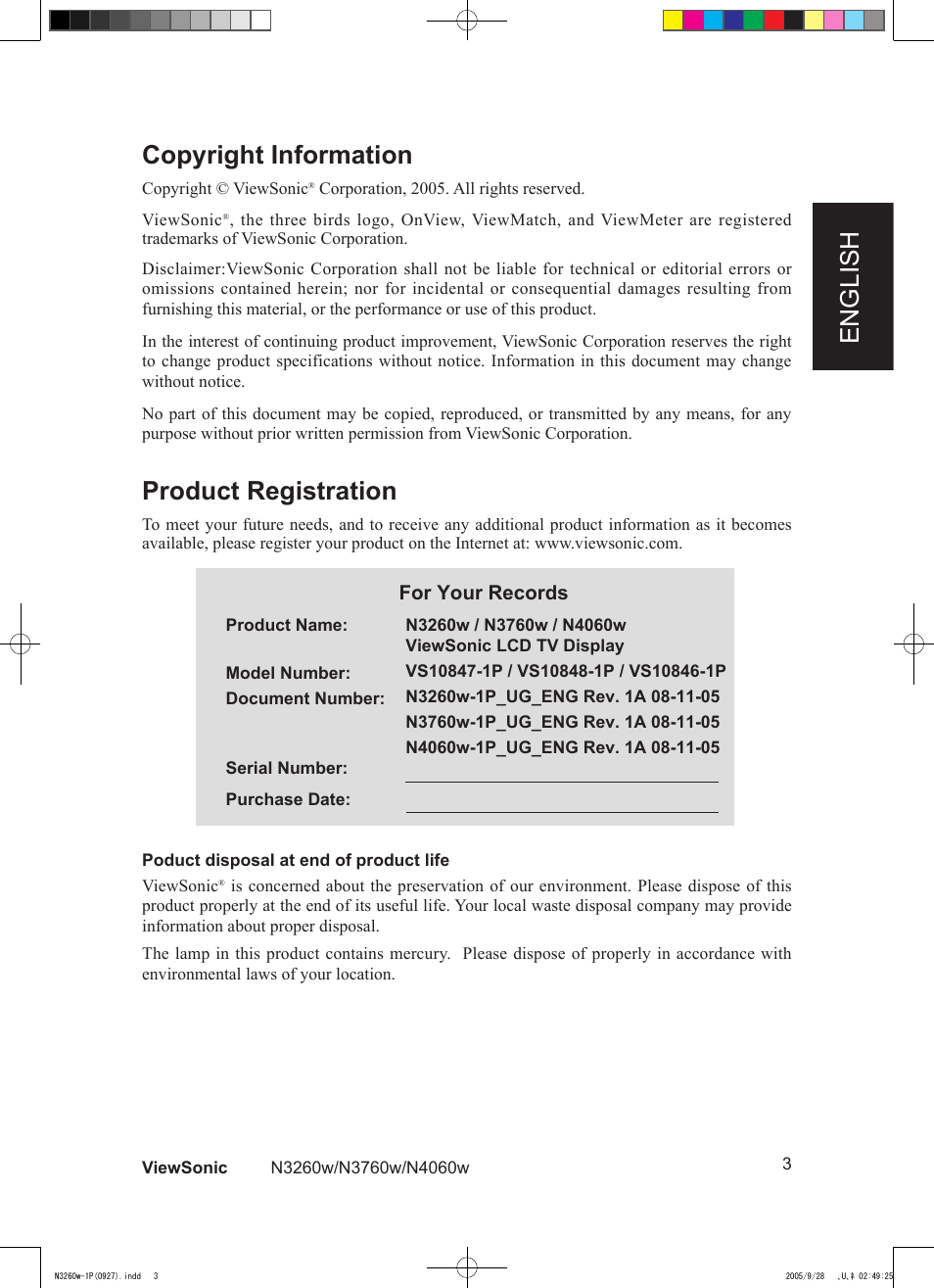 English copyright information, Product registration | VIEWSONIC VS10846-1P User Manual | Page 5 / 28
