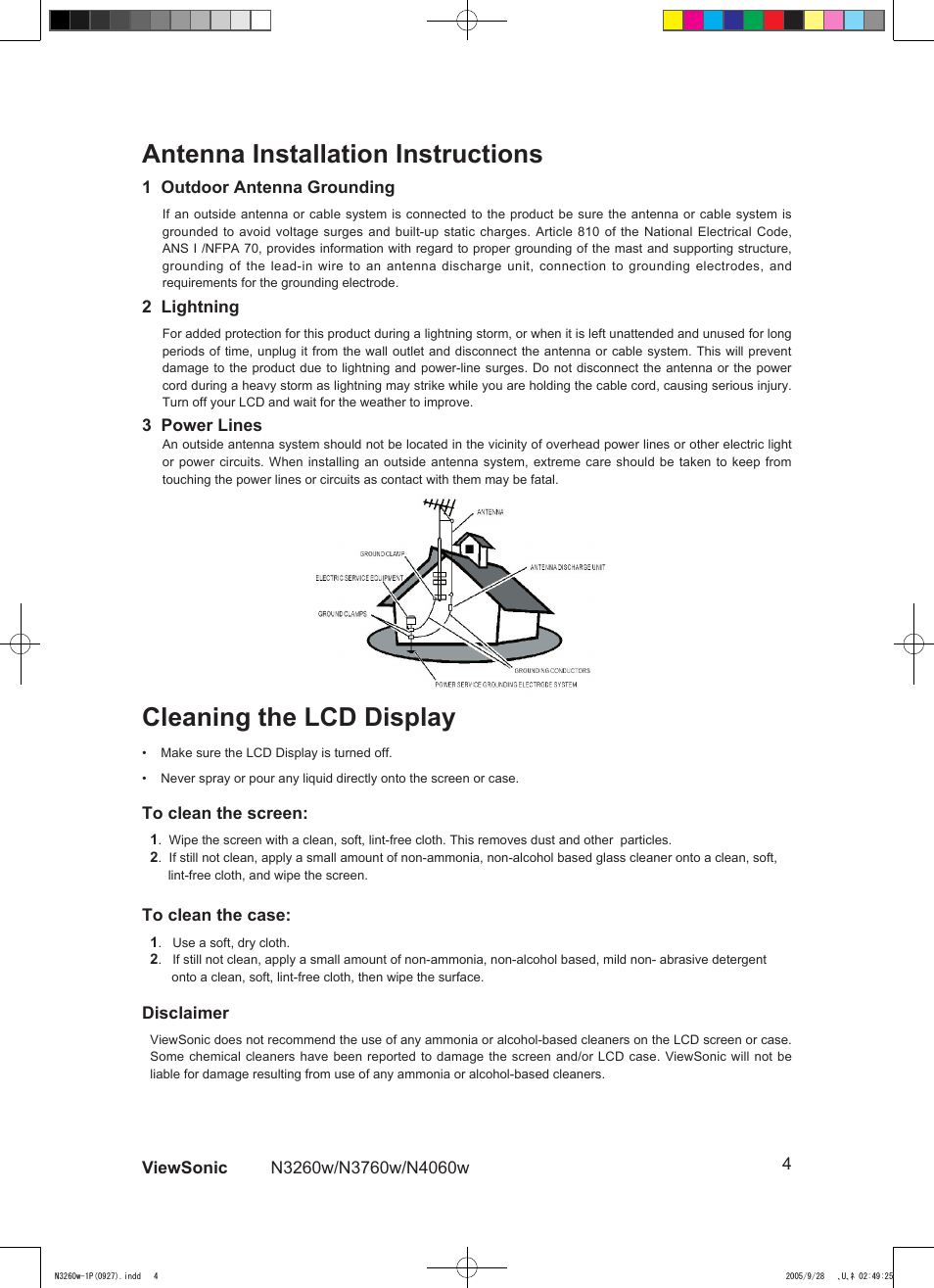 Antenna installation instructions, Cleaning the lcd display | VIEWSONIC VS10846-1P User Manual | Page 6 / 28