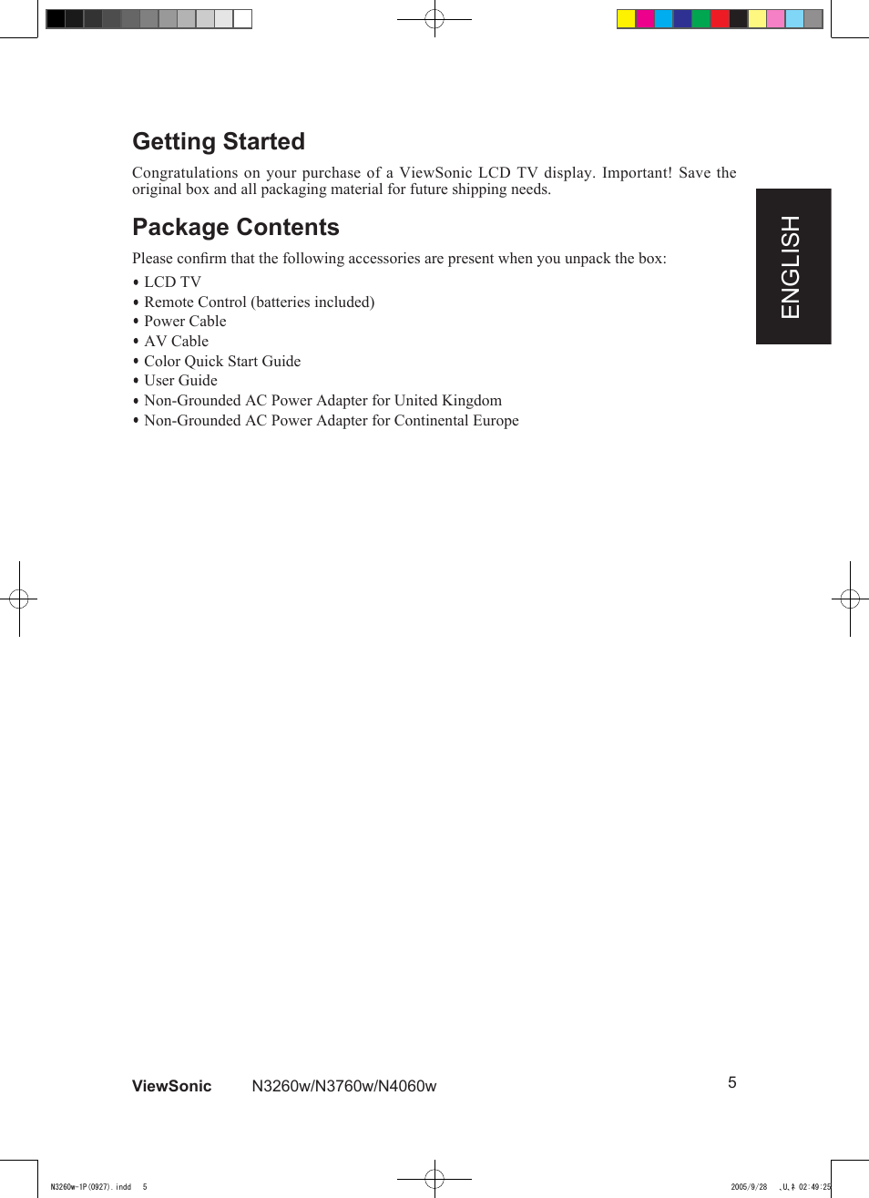 English getting started, Package contents | VIEWSONIC VS10846-1P User Manual | Page 7 / 28