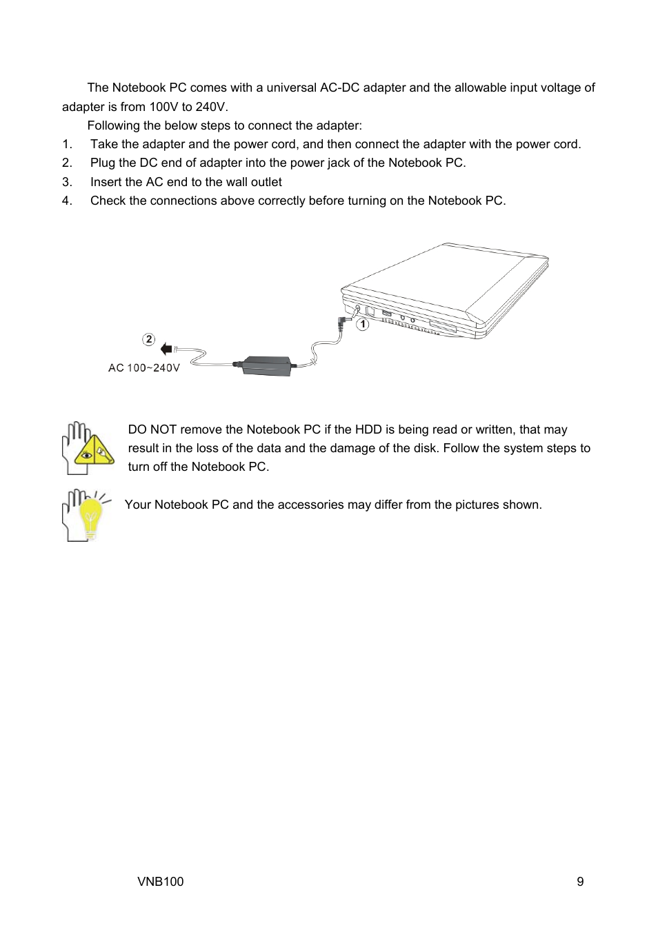 3 connecting the power adapter | VIEWSONIC VNB100 Netbook VS12570 User Manual | Page 18 / 37