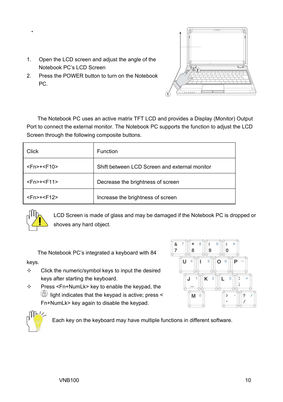 2 adjust the brightness of lcd screen, 3 keyboard usage | VIEWSONIC VNB100 Netbook VS12570 User Manual | Page 19 / 37