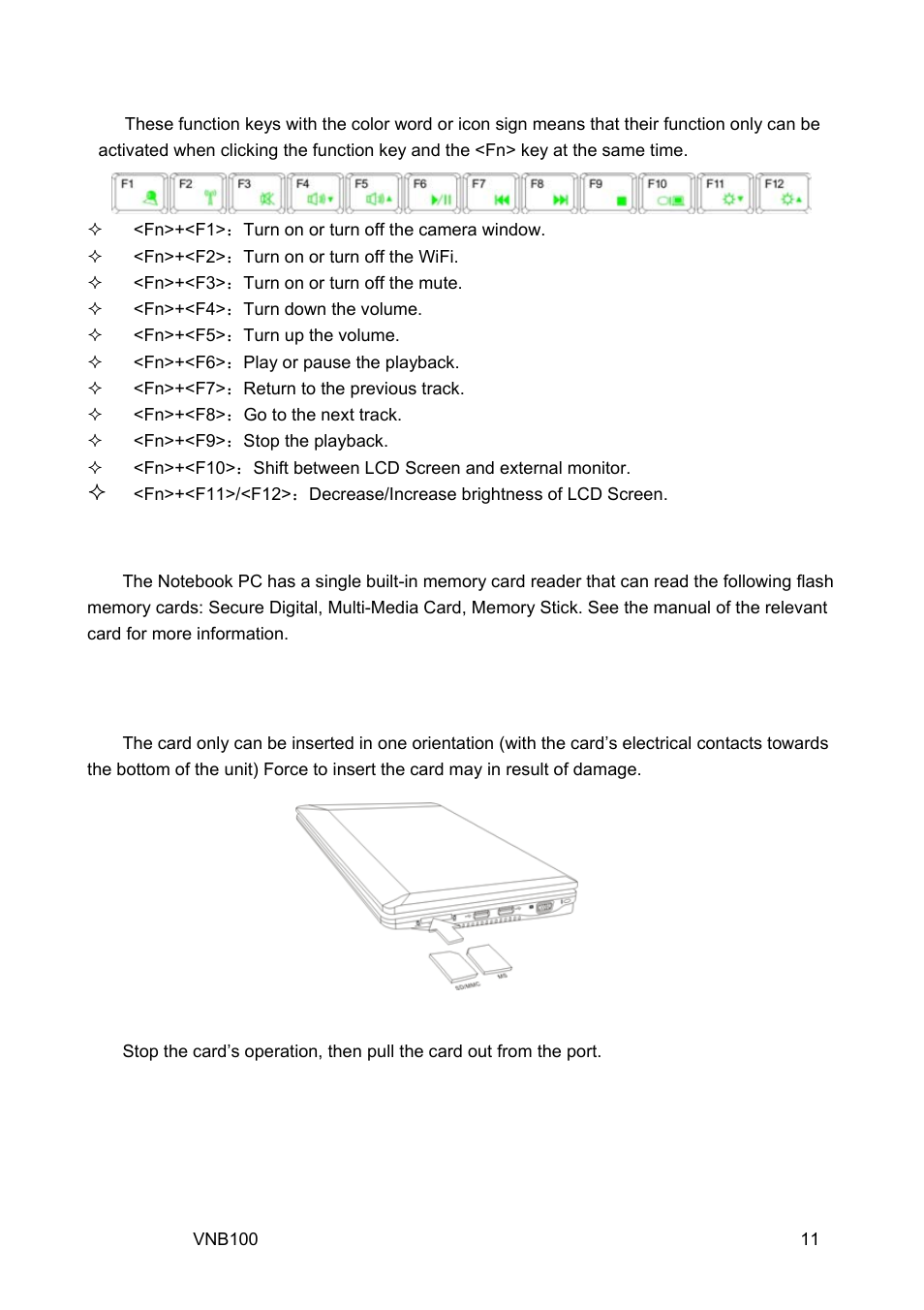 Function keys, 4 card reader usage | VIEWSONIC VNB100 Netbook VS12570 User Manual | Page 20 / 37