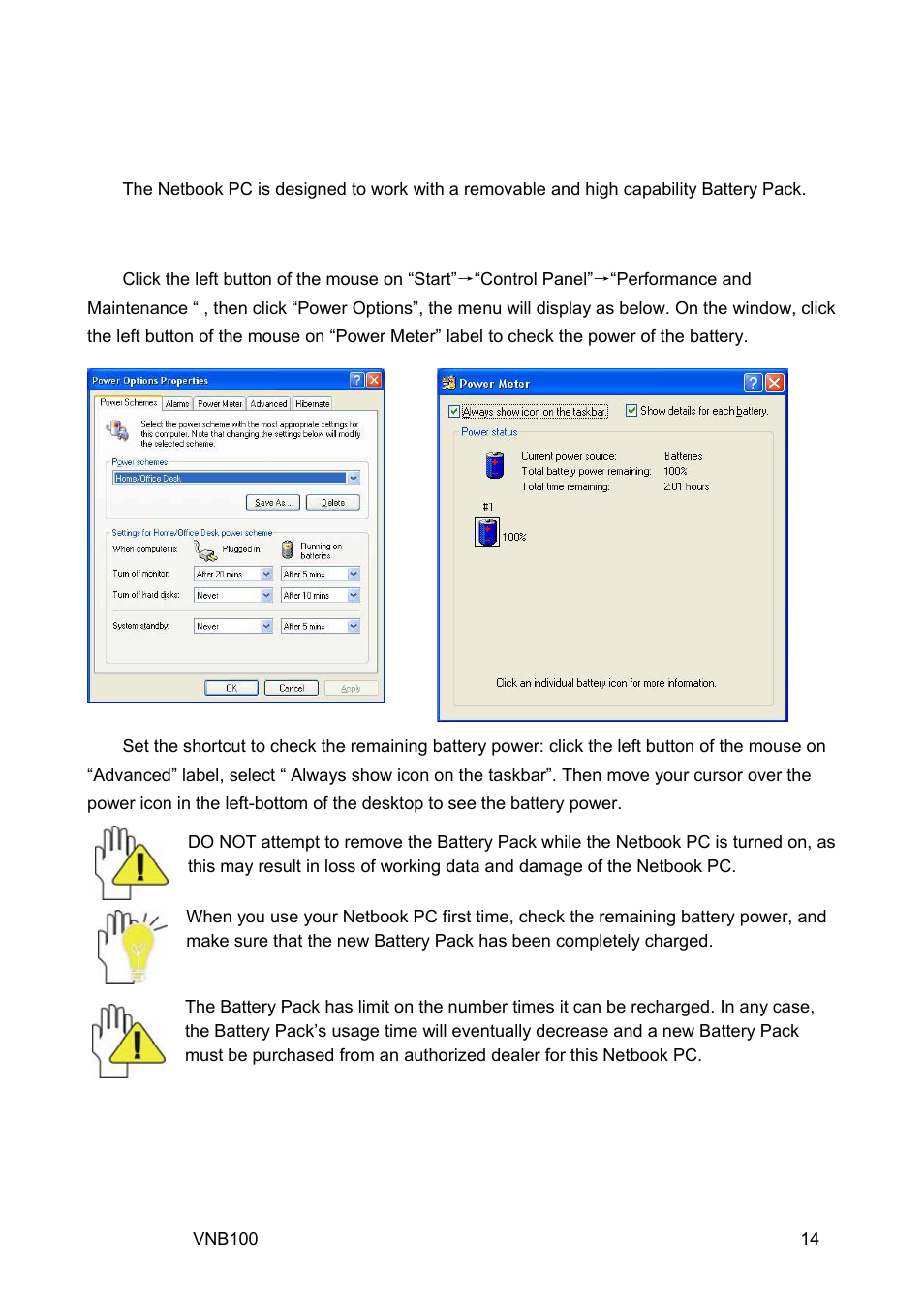 Power managing system, 1 battery system | VIEWSONIC VNB100 Netbook VS12570 User Manual | Page 23 / 37