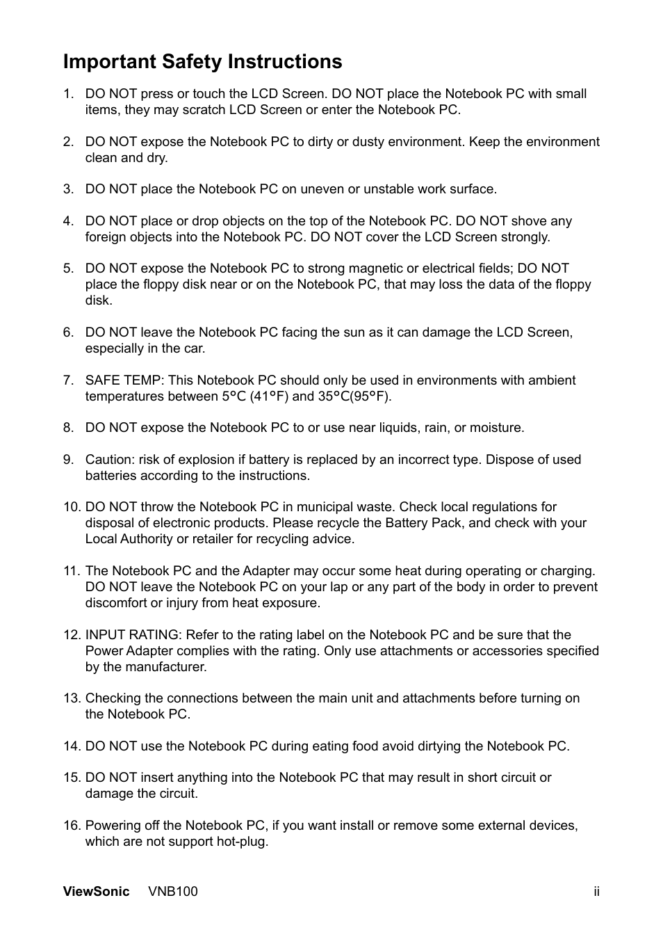 Important safety instructions | VIEWSONIC VNB100 Netbook VS12570 User Manual | Page 3 / 37