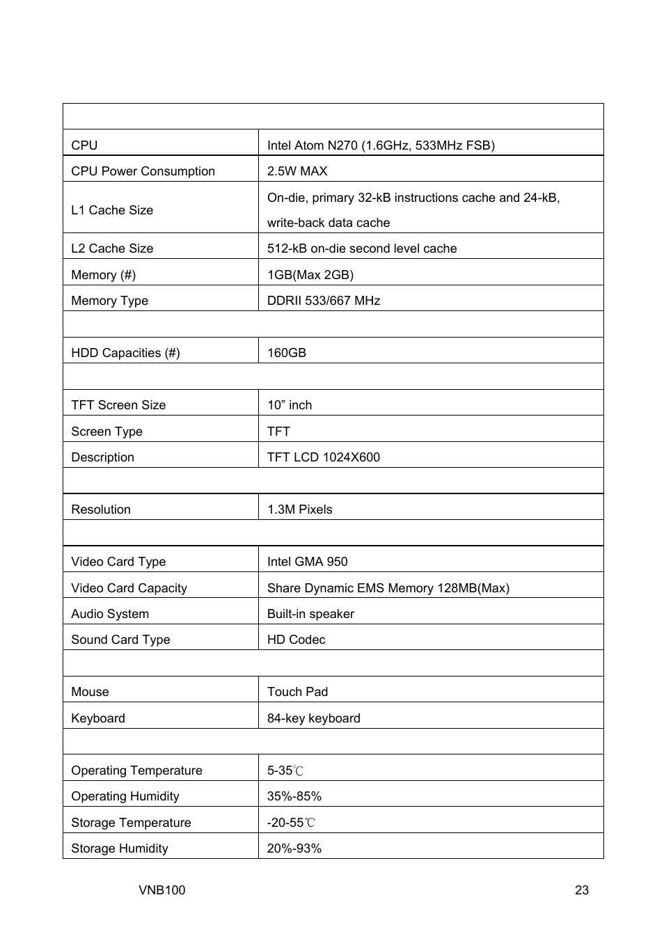 2 specifications | VIEWSONIC VNB100 Netbook VS12570 User Manual | Page 32 / 37