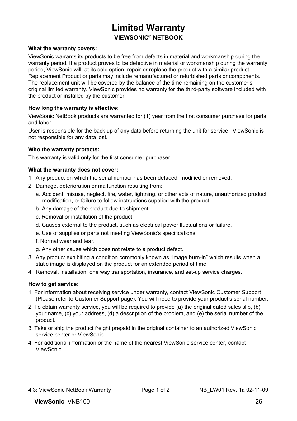 Limited warranty | VIEWSONIC VNB100 Netbook VS12570 User Manual | Page 35 / 37