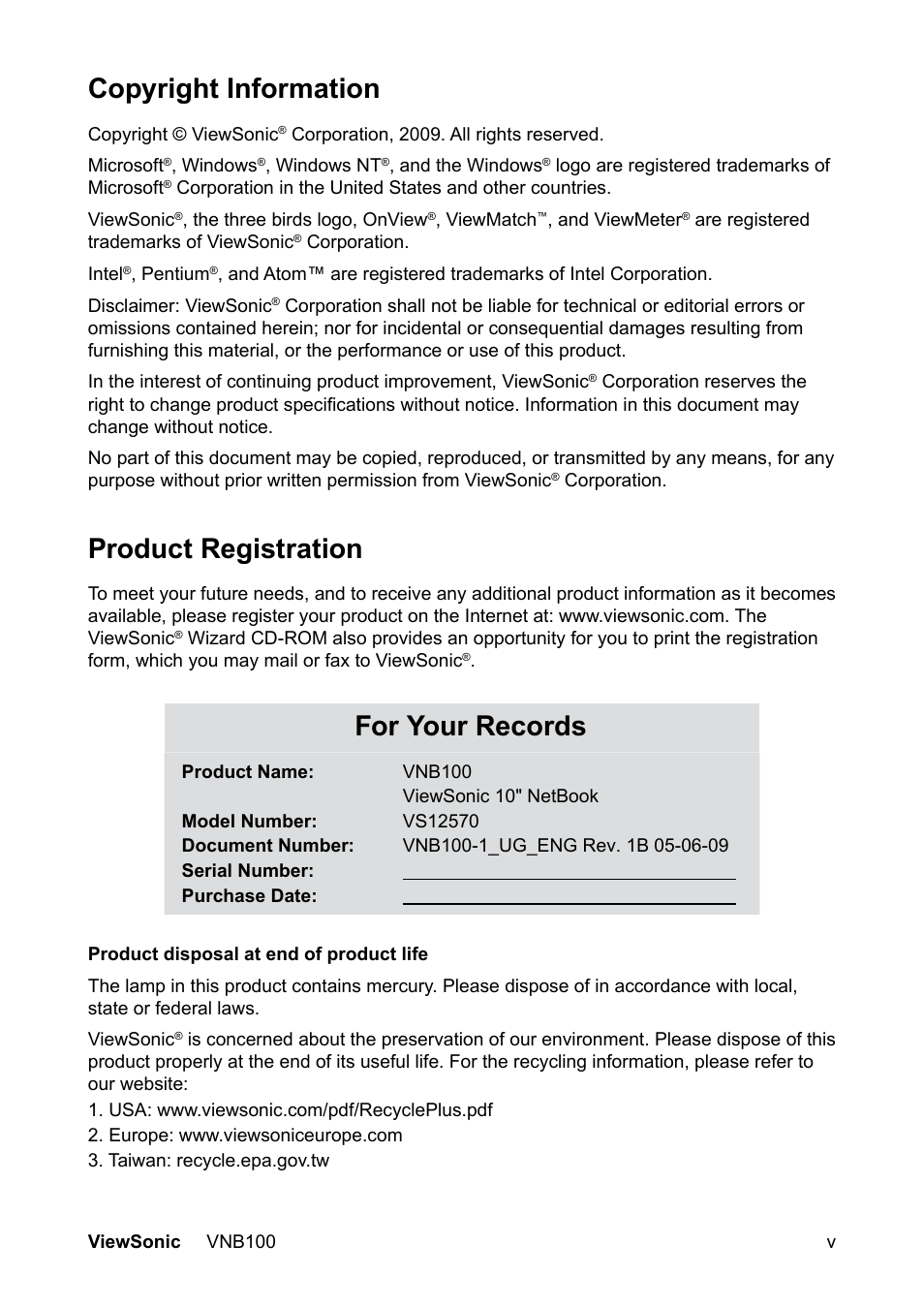 Copyright information, Product registration, For your records | VIEWSONIC VNB100 Netbook VS12570 User Manual | Page 6 / 37