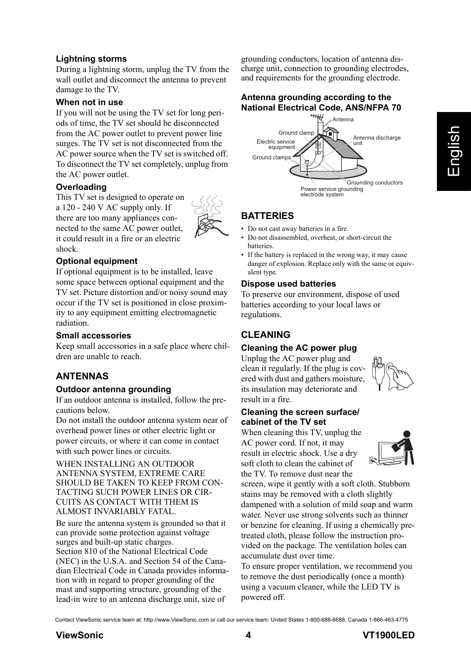 Antennas, Batteries, Cleaning | Antennas batteries cleaning, English | VIEWSONIC VS13231-1M User Manual | Page 10 / 52