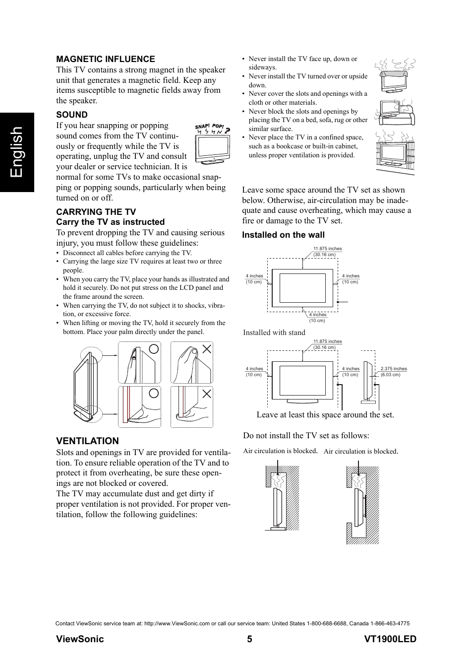 English, Ventilation | VIEWSONIC VS13231-1M User Manual | Page 11 / 52