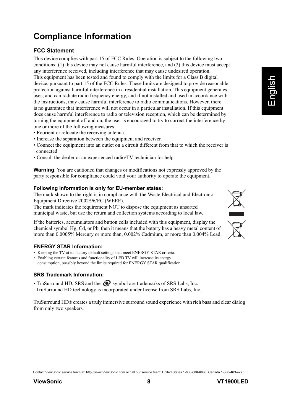 Compliance information, Fcc statement, English | VIEWSONIC VS13231-1M User Manual | Page 14 / 52