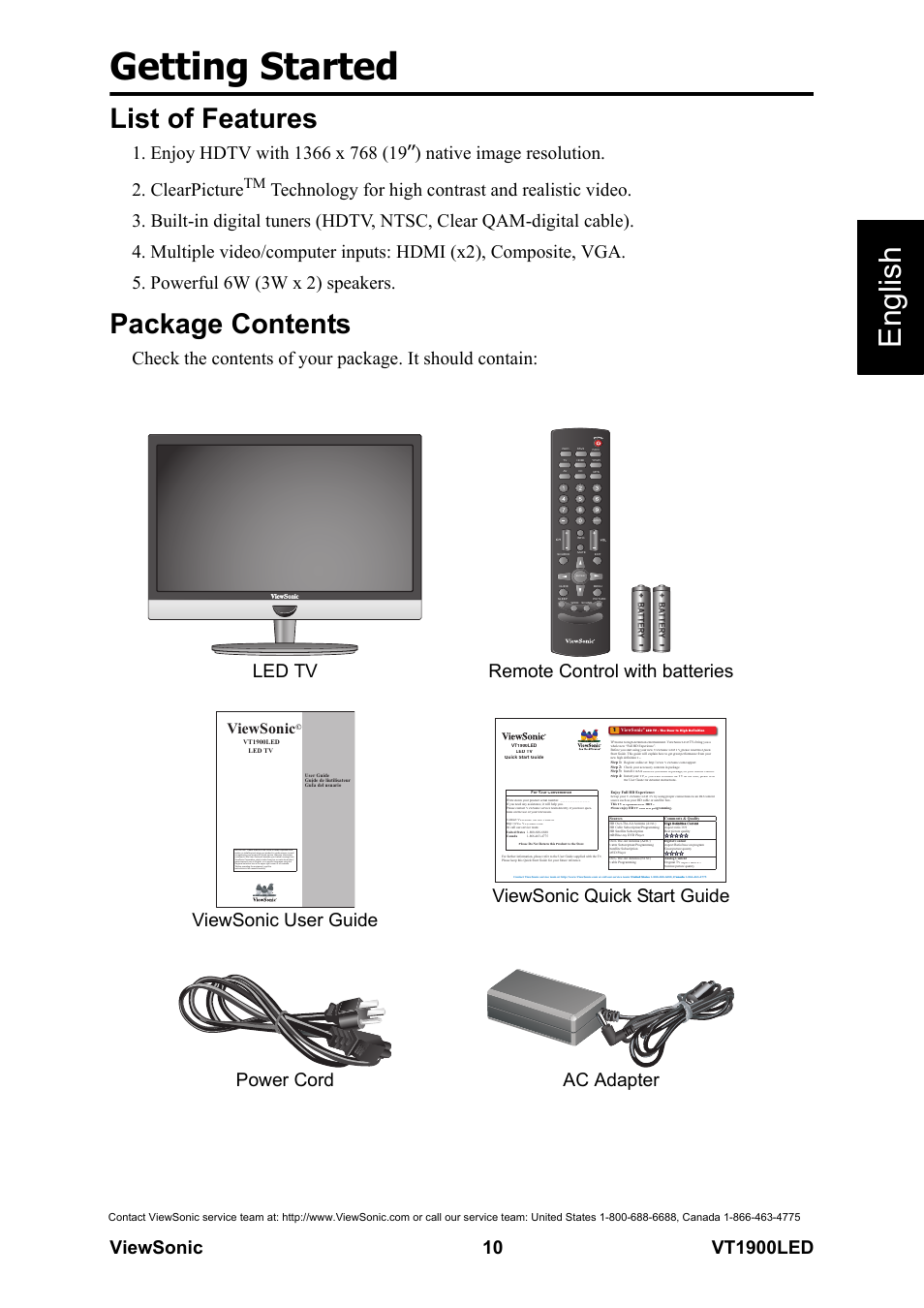 List of features, Package contents, List of features package contents | Getting started, English, Viewsonic | VIEWSONIC VS13231-1M User Manual | Page 16 / 52