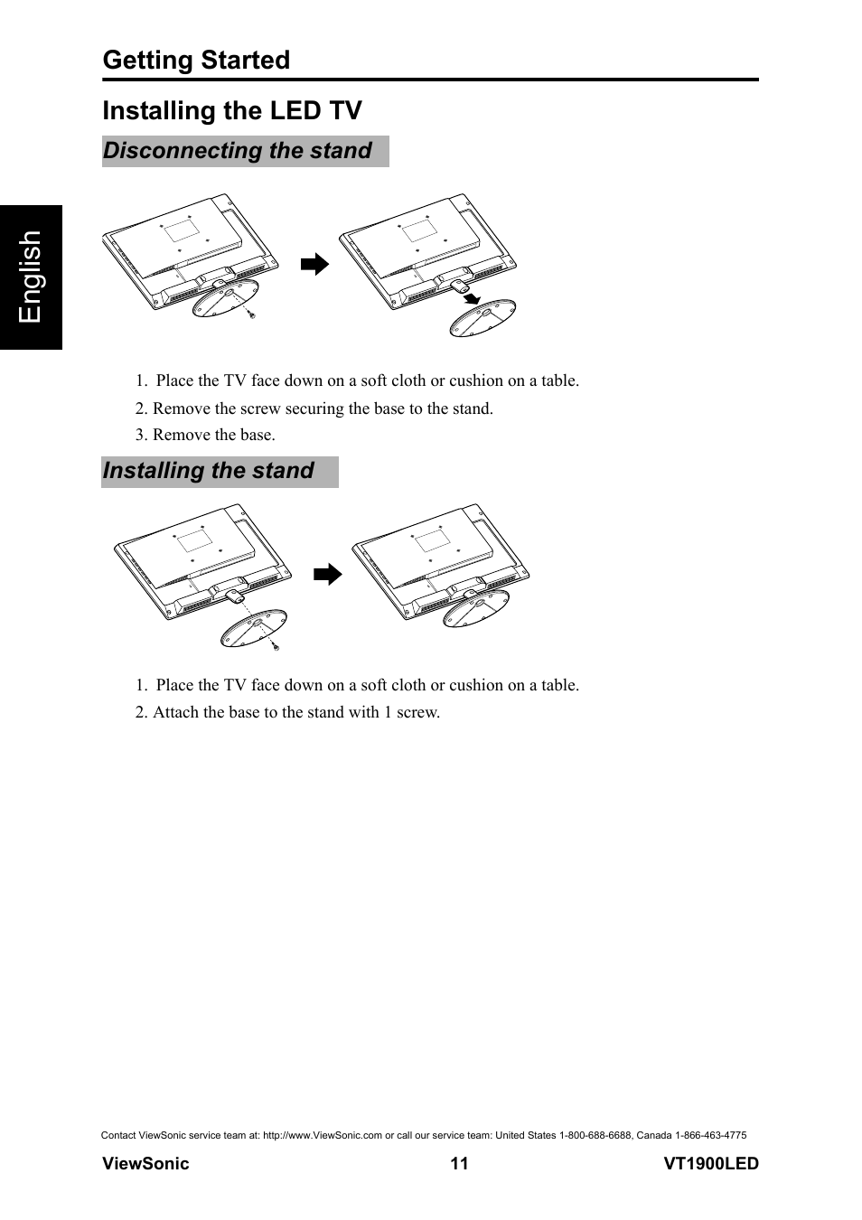 Installing the led tv, Disconnecting the stand, Installing the stand | Disconnecting the stand installing the stand, English, Getting started | VIEWSONIC VS13231-1M User Manual | Page 17 / 52