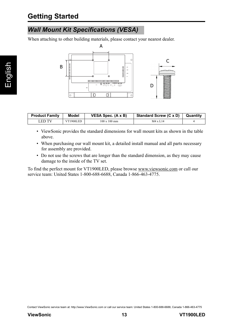 Wall mount kit specifications (vesa), English, Getting started | VIEWSONIC VS13231-1M User Manual | Page 19 / 52