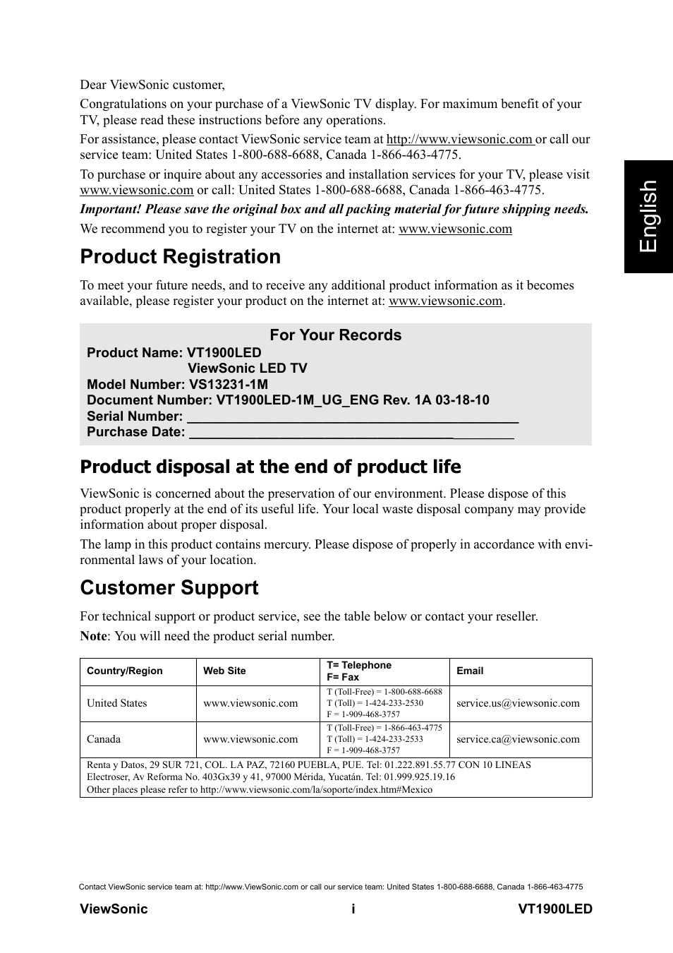 Product registration, Product disposal at the end of product life, Customer support | English, For your records | VIEWSONIC VS13231-1M User Manual | Page 2 / 52