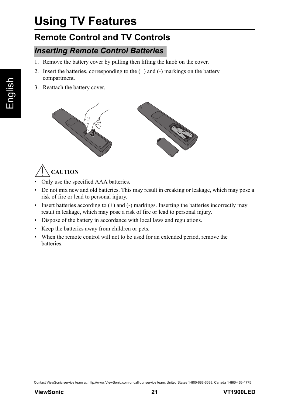 Remote control and tv controls, Inserting remote control batteries, Using tv features | English | VIEWSONIC VS13231-1M User Manual | Page 27 / 52