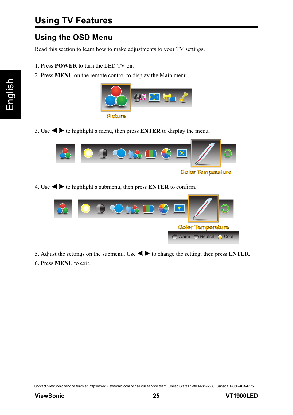 Using the osd menu, English, Using tv features | VIEWSONIC VS13231-1M User Manual | Page 31 / 52