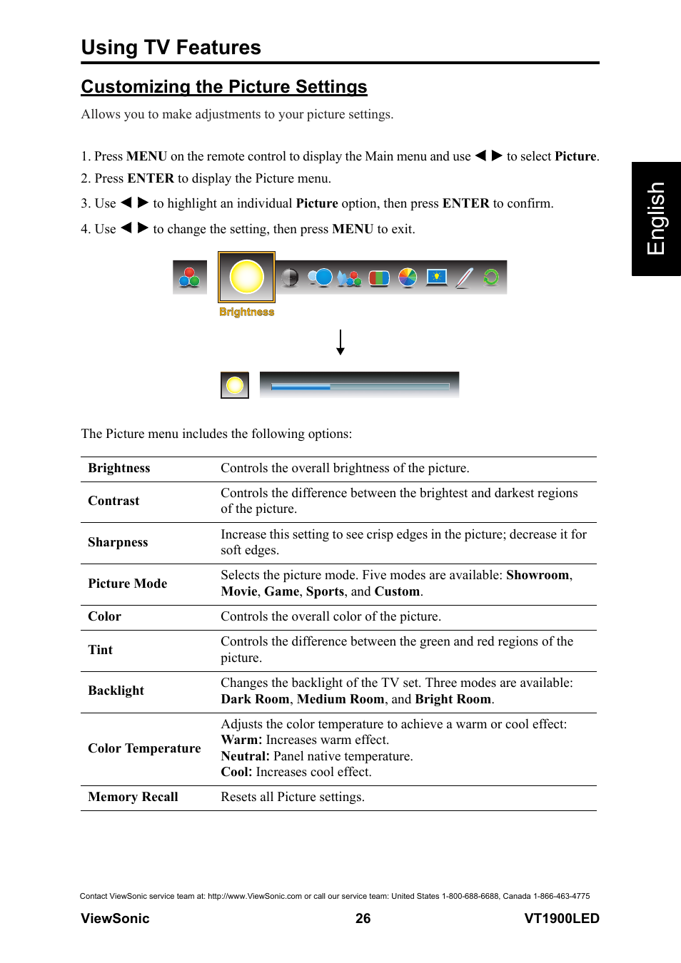 Customizing the picture settings, English, Using tv features | VIEWSONIC VS13231-1M User Manual | Page 32 / 52