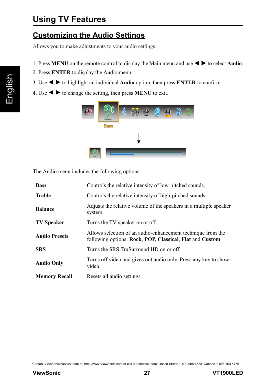 Customizing the audio settings, English, Using tv features | VIEWSONIC VS13231-1M User Manual | Page 33 / 52