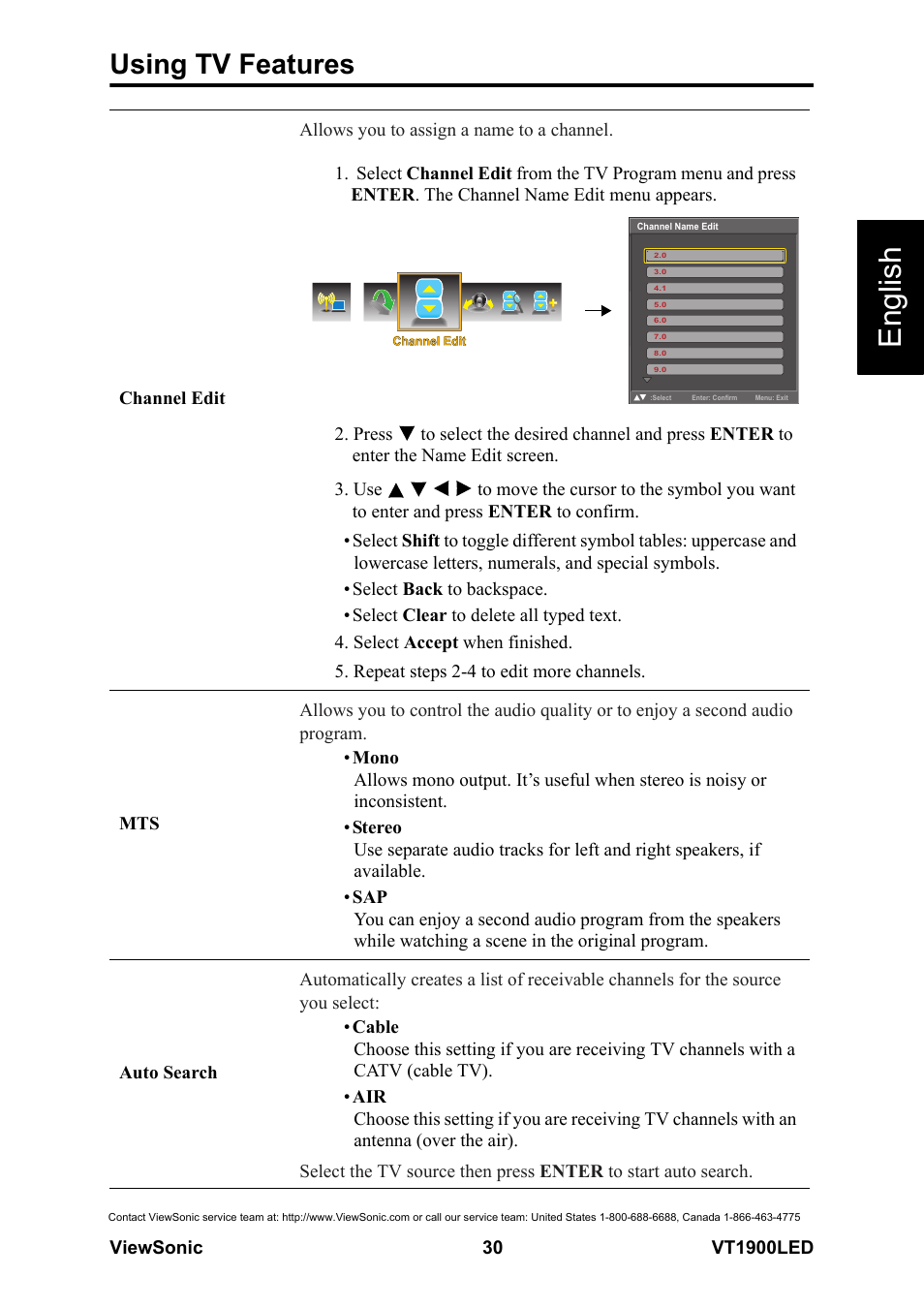 English, Using tv features | VIEWSONIC VS13231-1M User Manual | Page 36 / 52