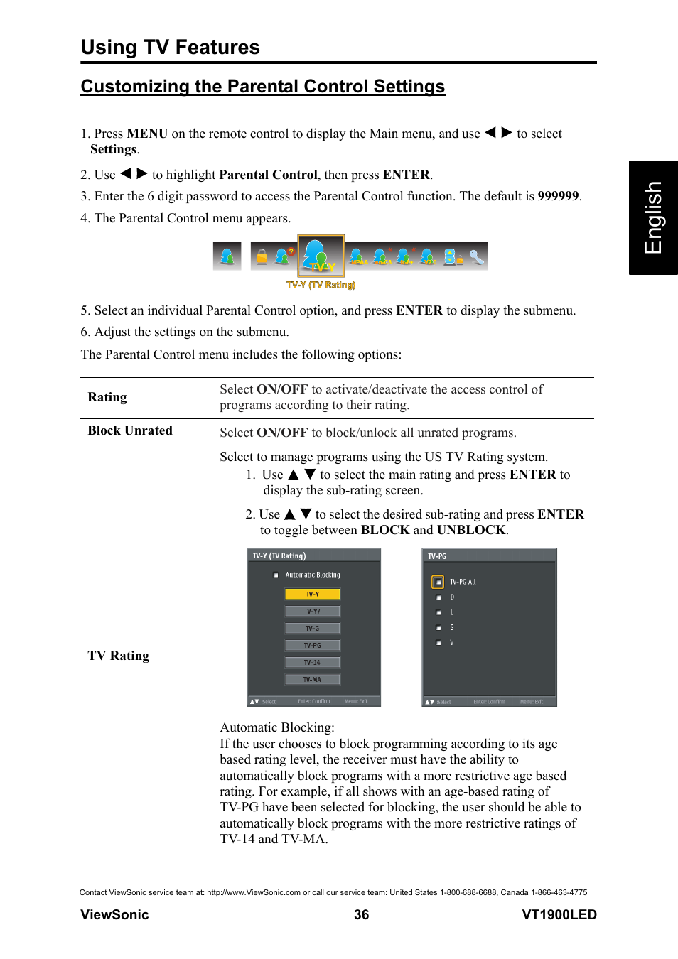 Customizing the parental control settings, English, Using tv features | VIEWSONIC VS13231-1M User Manual | Page 42 / 52