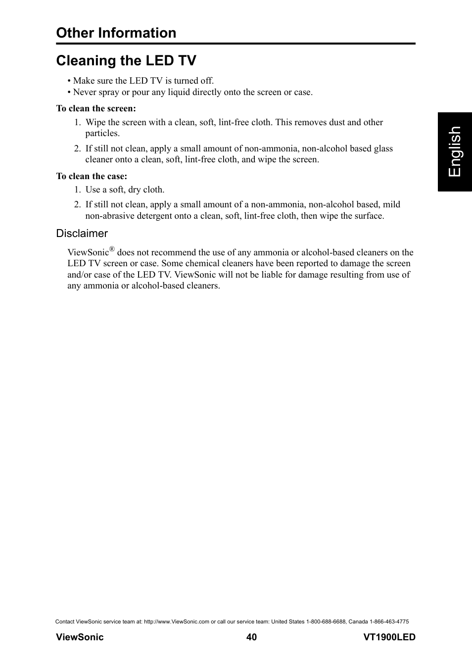 Cleaning the led tv, Disclaimer, English | Other information | VIEWSONIC VS13231-1M User Manual | Page 46 / 52