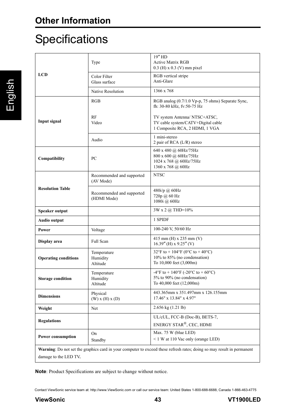 Specifications, English, Other information | VIEWSONIC VS13231-1M User Manual | Page 49 / 52