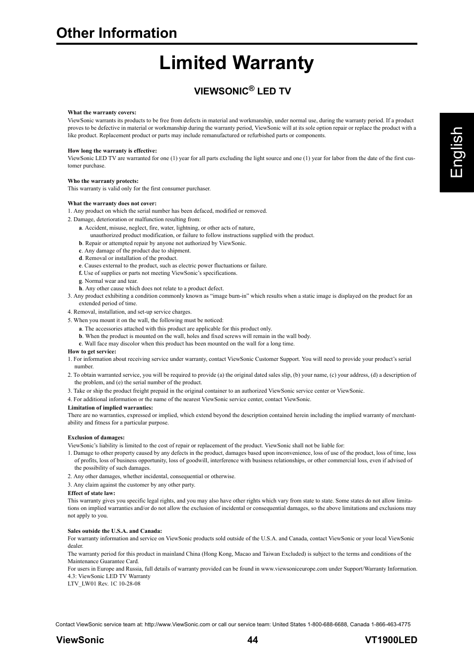 Limited warranty, English, Other information | Viewsonic, Led tv | VIEWSONIC VS13231-1M User Manual | Page 50 / 52