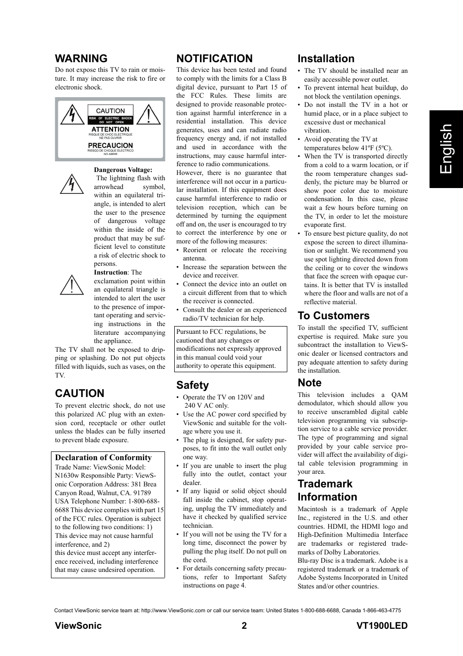 Warning, English, Caution | Notification, Safety, Installation, Trademark information | VIEWSONIC VS13231-1M User Manual | Page 8 / 52