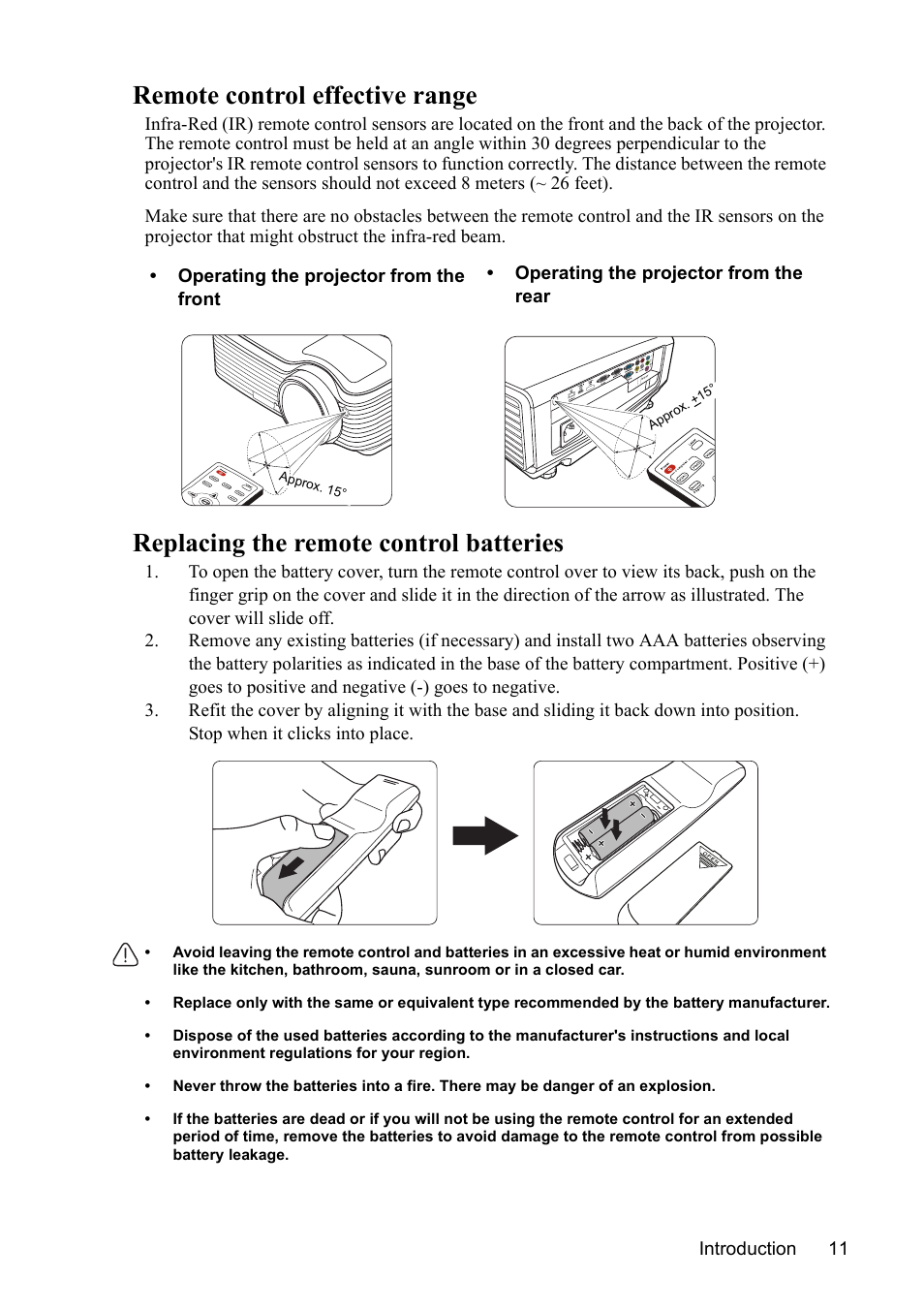 Remote control effective range, Replacing the remote control batteries | VIEWSONIC PJD7383 User Manual | Page 15 / 95